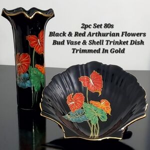 80s Toyo Japan Black Ceramic Red Anthurium Bud Vase and Shell Trinket Dish Set